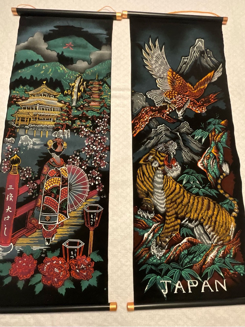 Vintage Japan Silk Wall Hangings - Geisha & Tiger Panels